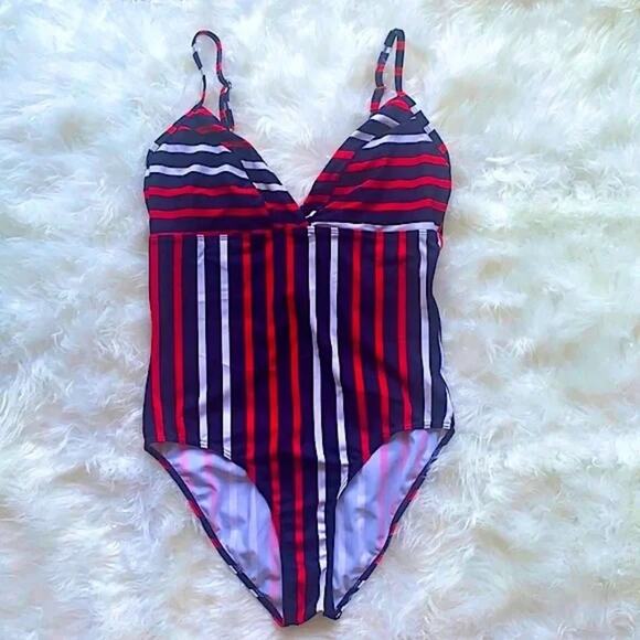 Ocean Pacific Striped One Piece Swim Bikini Beach Pool Party Blue Red XL Large - Picture 4 of 4